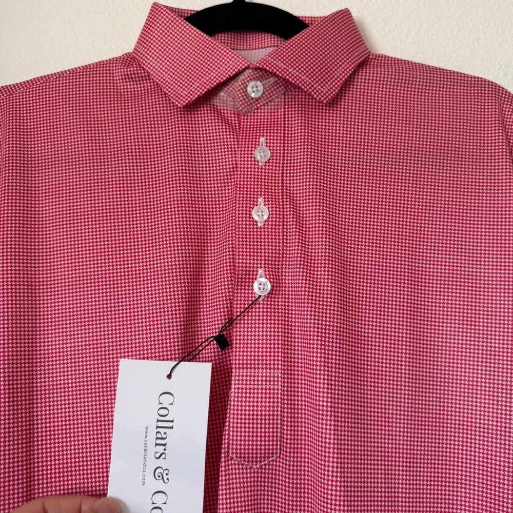Collars & Co Mens Dress Collar Polo Shirt Red White Houndstooth Small NWT NEW